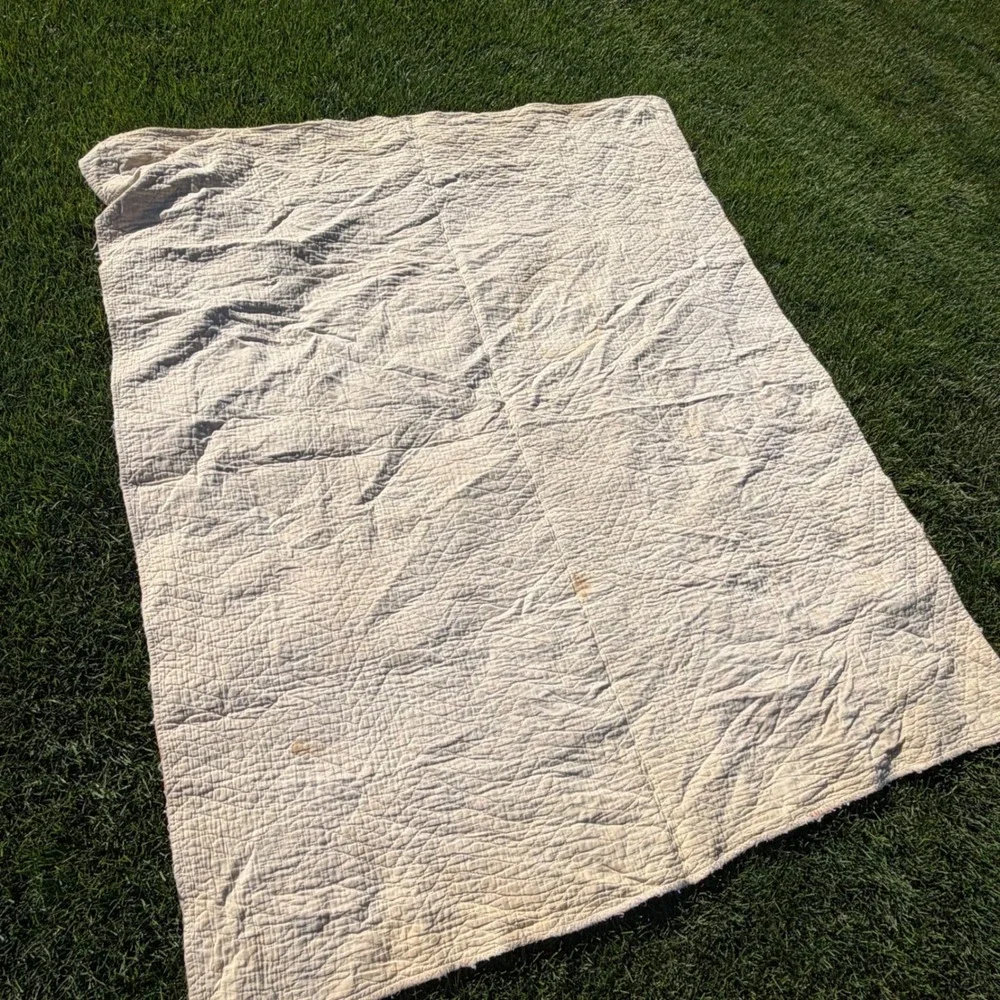 C+ Antique 1800s Hand Quilted Cotton Quilt Orange Peel Peach Folk Art 80x64 Vtg